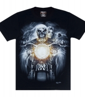 Футболка Скелет та дівчина з трояндою на мотоциклі (3D, світиться в темряві)