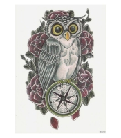 Временная тату Сова с компасом на фоне роз (HB-278, 21x15 см)