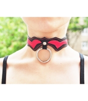 Кожаный чокер с большим кольцом (черно-красный) №315