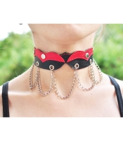 Кожаный чокер с цепочками и хольнитенами (черно-красный) №319