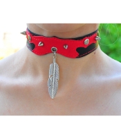 Кожаный чокер (ar-005) с кулоном Перо большое двустороннее (цвет стальной)