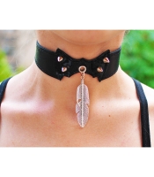 Кожаный чокер (ar-004) с кулоном Перо большое двустороннее (цвет стальной)