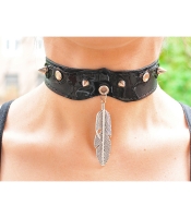 Кожаный чокер (ar-006) с кулоном Перо большое двустороннее (цвет стальной)