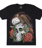 Футболка Череп с розами (ворон и часы) (3D, светится в темноте)