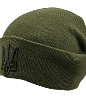 Шапка в’язана з Тризубом (олива, чорний Тризуб) (uaht-005)