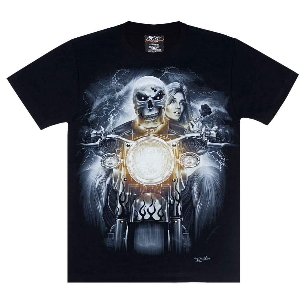 Футболка Скелет та дівчина з трояндою на мотоциклі (3D, світиться в темряві) Футболка Скелет та дівчина з трояндою на мотоциклі (3D, світиться в темряві)