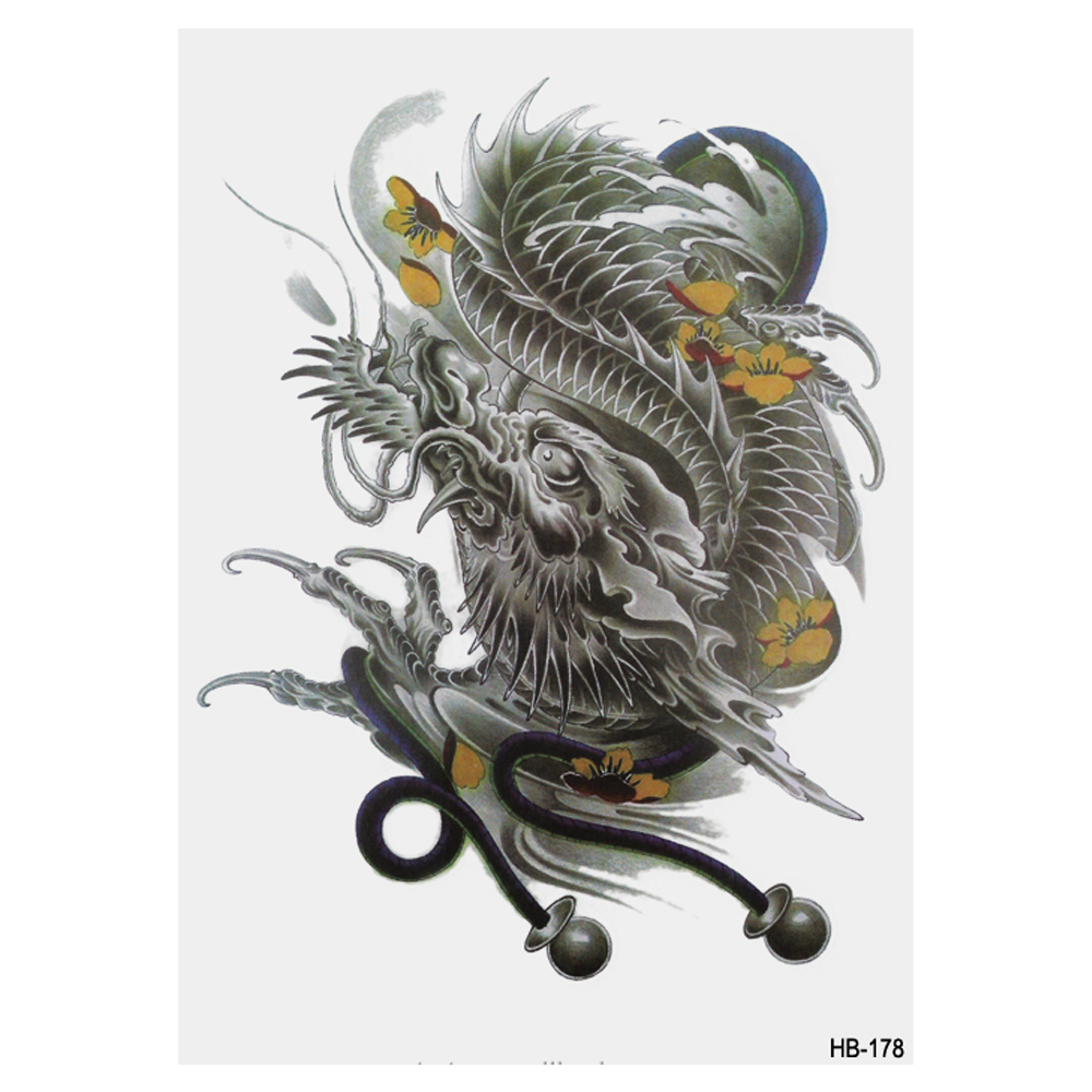 Тимчасова тату Китайський дракон з квітами (HB-178, 21x15 см)