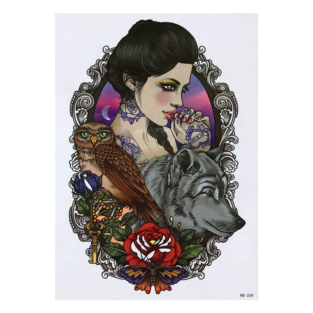 Временная тату Девушка с совой и волком (old school) (HB-209, 21x15 см)