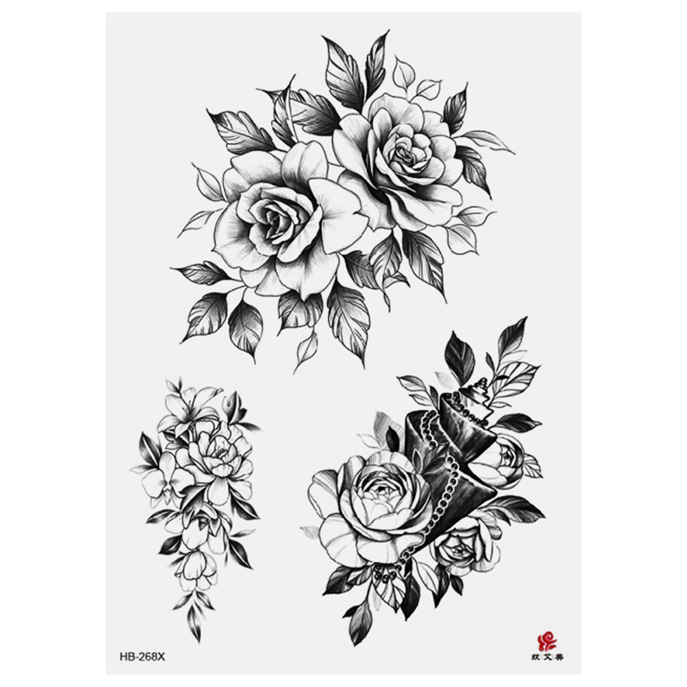 Временная тату Цветы ч/б (набор 3 шт.) (HB-268X, 21x15 см)