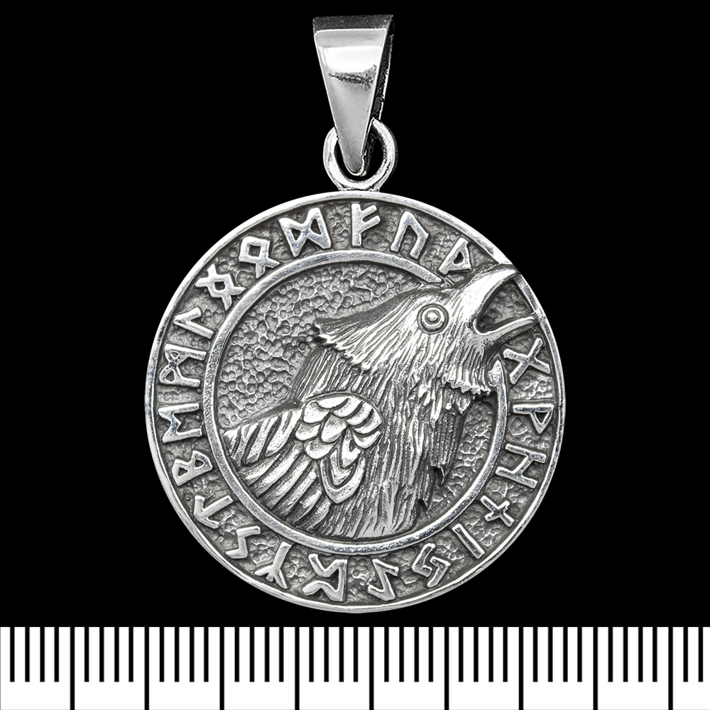 Кулон Голова ворона в рунічному колі (срібло, 925 проба) (sp-235)