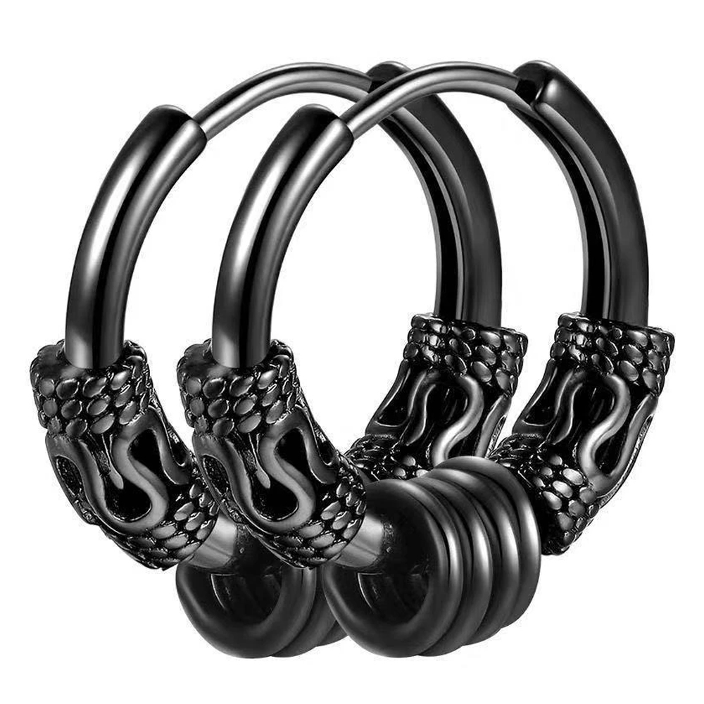 Сережка-кільце хард обманка з кільцями та візерунком (титан, чорний) (ea-088)