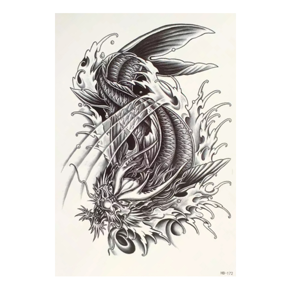 Временная тату Китайский морской дракон (ч/б) (HB-172, 21x15 см)