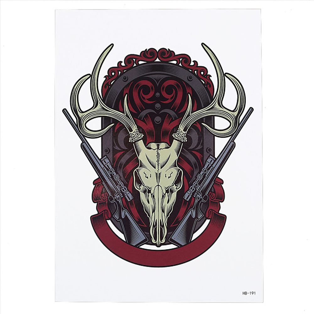 Тимчасова тату Череп оленя (дві мисливські рушниці) (HB-191, 21x15 см)