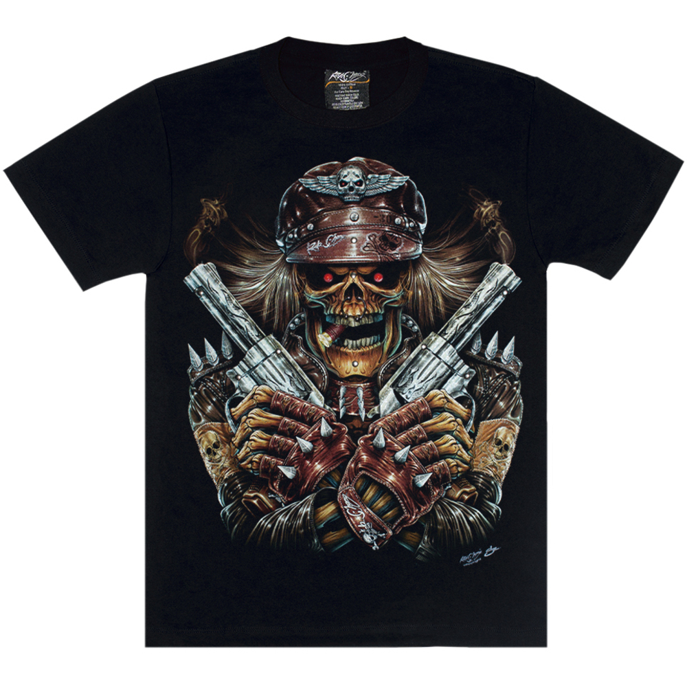 Футболка Скелет у шкіряному кашкеті з револьверами (3D, світиться в темряві)