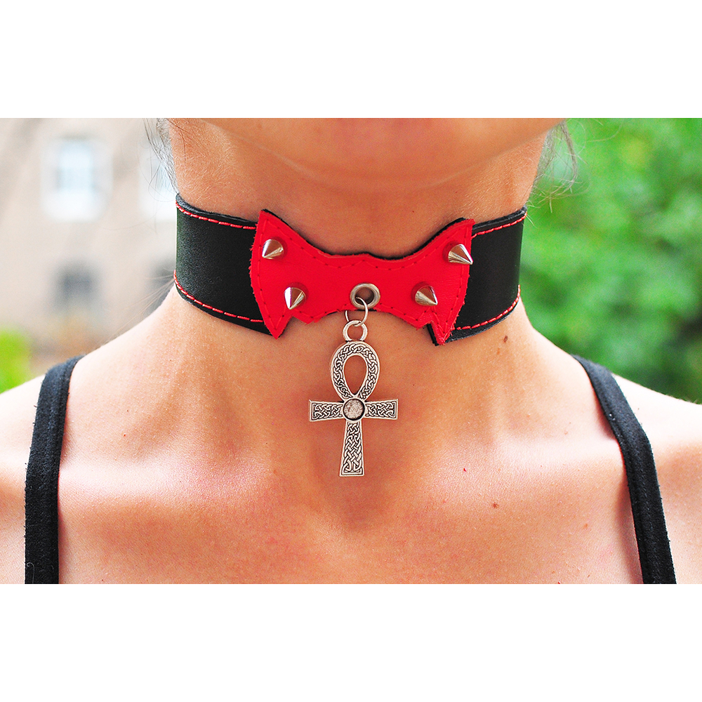 Кожаный чокер (ar-003) с кулоном Анкх с плетенным узором