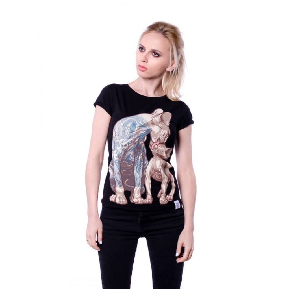 Черная Женская футболка с котом в татуировках Urbanist Черная Женская футболка с котом в татуировках Urbanist