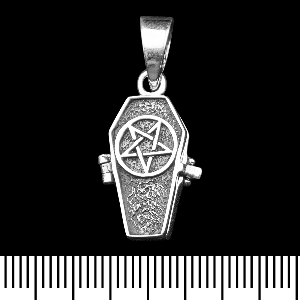 Кулон Труна, що відкривається зі скелетом та пентаграмою (срібло, 925 проба) (sp-248)