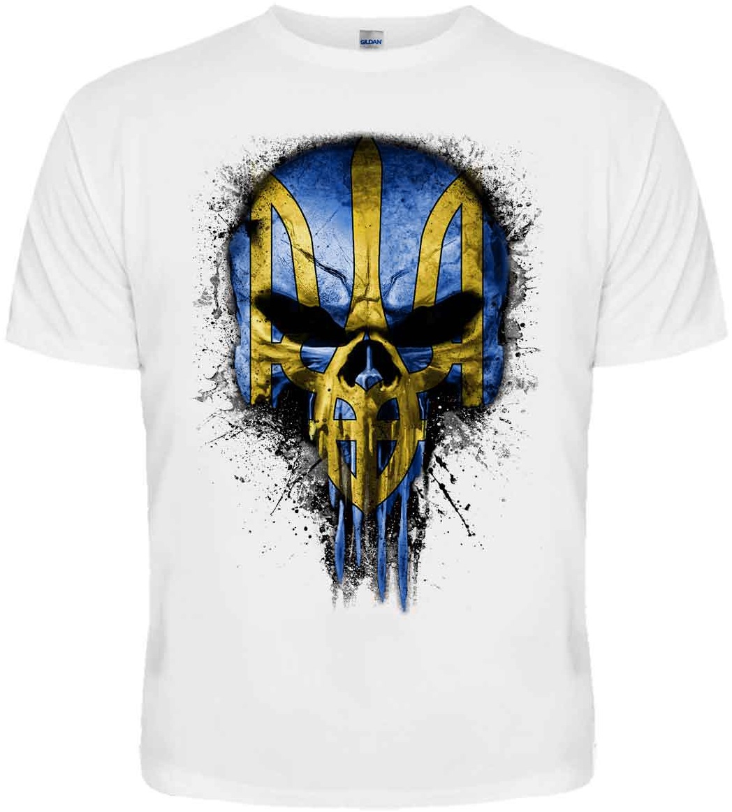 Футболка Череп (Punisher) із Тризубом (жовто-блакитний, біла футболка)