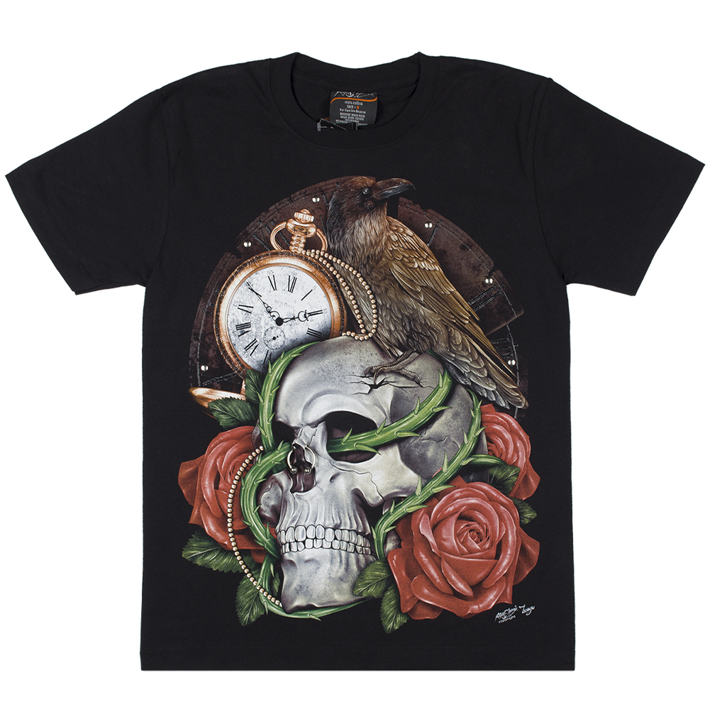 Футболка Череп с розами (ворон и часы) (3D, светится в темноте)